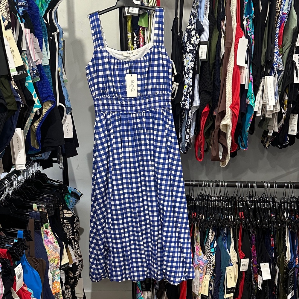 Sea New York Blue and White Checkered Midi Dress